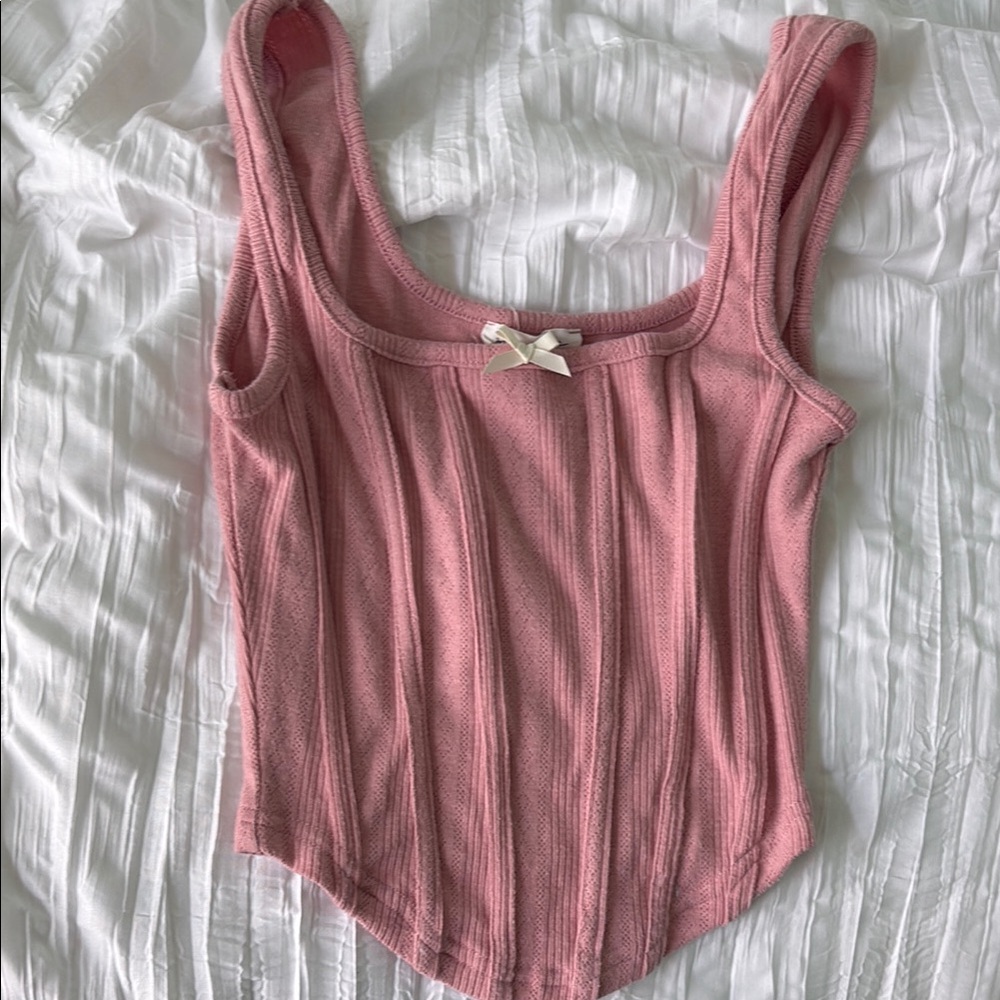 Pink Ribbed Sleeveless Camisole with Tie Front